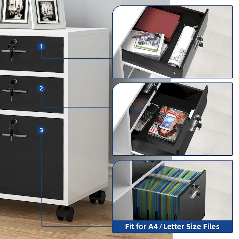 3 Drawers Mobile Filing Cabinet, Wood Lateral File Cabinet for Home Office