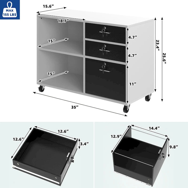 3 Drawers Mobile Filing Cabinet, Wood Lateral File Cabinet for Home Office