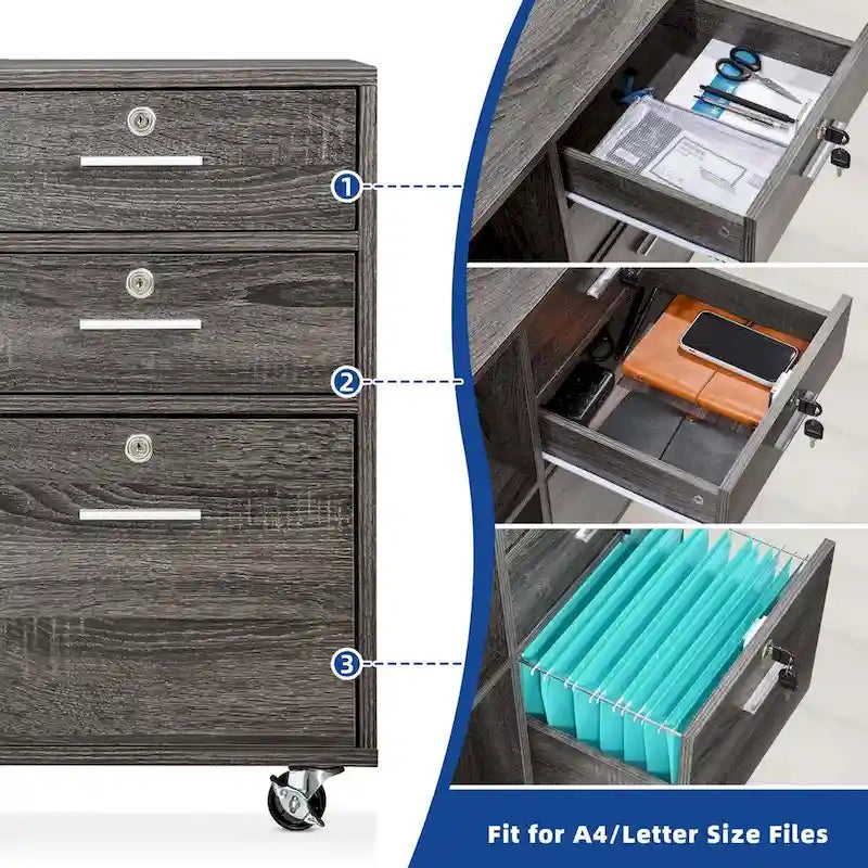 3 Drawers Mobile Filing Cabinet, Wood Lateral File Cabinet for Home Office