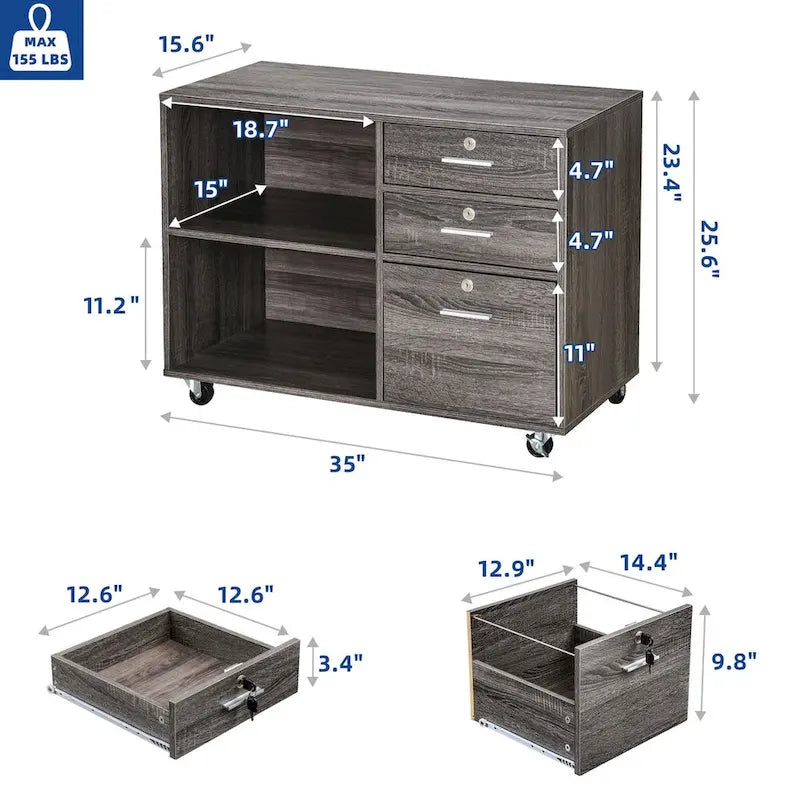 3 Drawers Mobile Filing Cabinet, Wood Lateral File Cabinet for Home Office