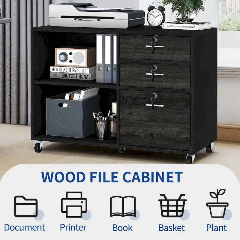3 Drawers Mobile Filing Cabinet, Wood Lateral File Cabinet for Home Office