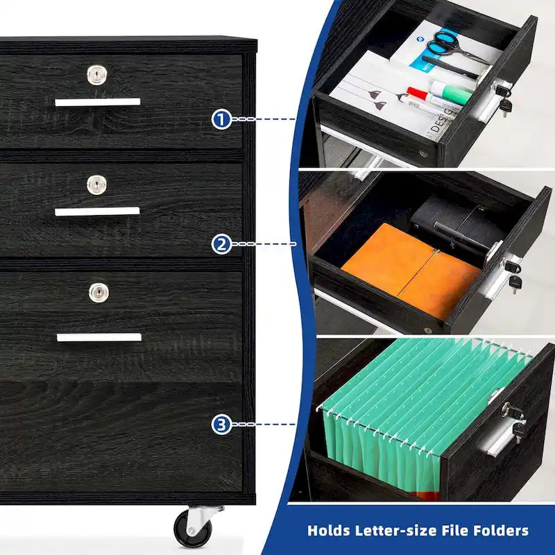 3 Drawers Mobile Filing Cabinet, Wood Lateral File Cabinet for Home Office