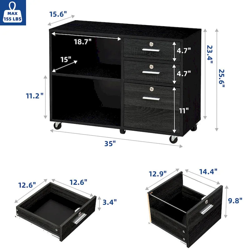 3 Drawers Mobile Filing Cabinet, Wood Lateral File Cabinet for Home Office
